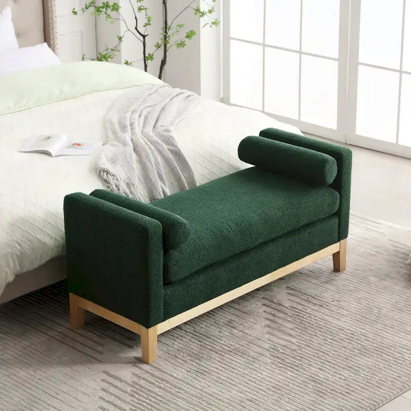 Modern Boucle Upholstered Bedroom Bench With Wood Legs,Entryway Bench