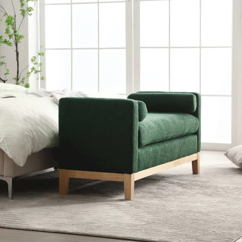 Modern Boucle Upholstered Bedroom Bench With Wood Legs,Entryway Bench