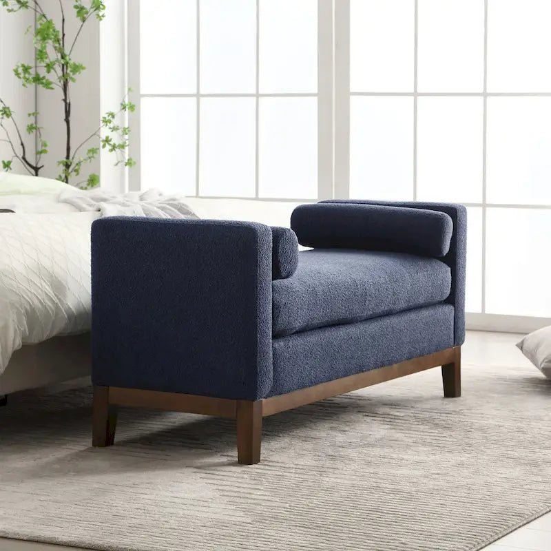 Modern Boucle Upholstered Bedroom Bench With Wood Legs,Entryway Bench