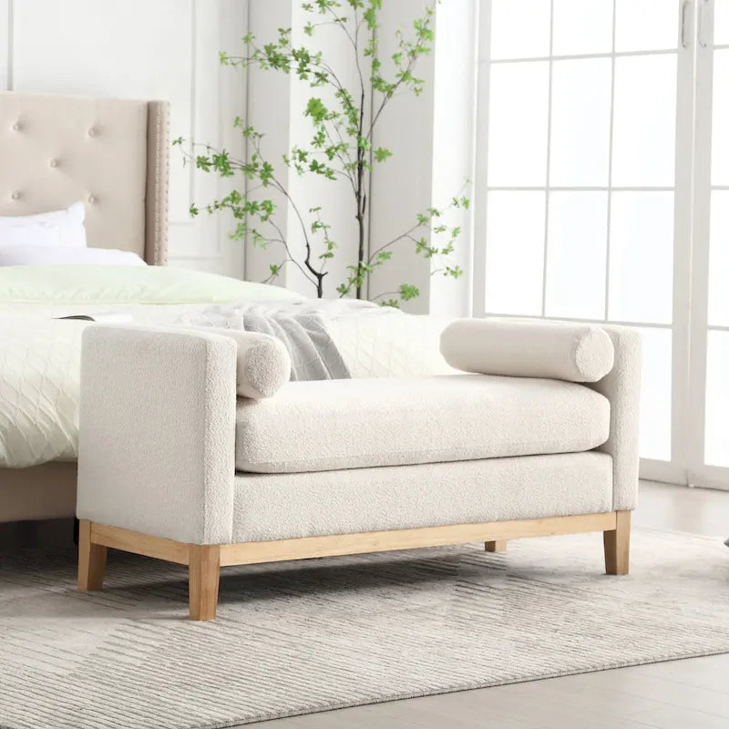 Modern Boucle Upholstered Bedroom Bench With Wood Legs,Entryway Bench
