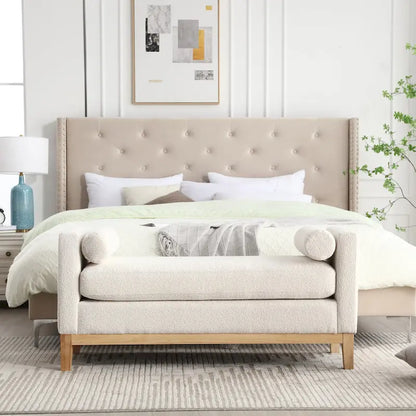 Modern Boucle Upholstered Bedroom Bench With Wood Legs,Entryway Bench