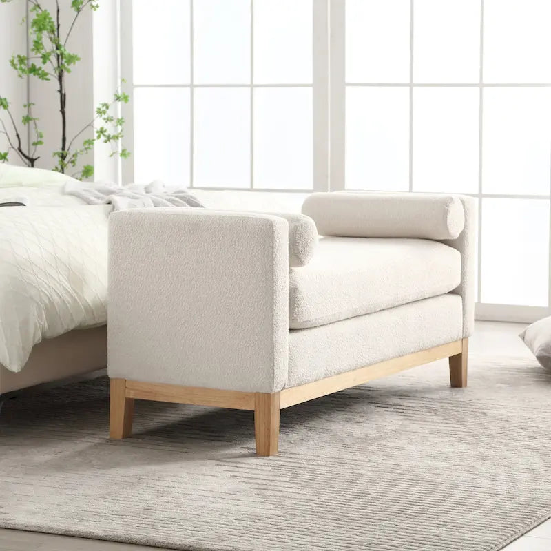 Modern Boucle Upholstered Bedroom Bench With Wood Legs,Entryway Bench