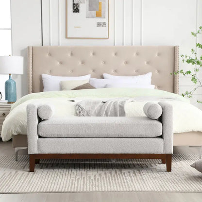 Modern Boucle Upholstered Bedroom Bench With Wood Legs,Entryway Bench