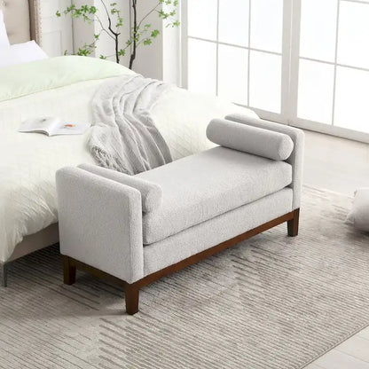 Modern Boucle Upholstered Bedroom Bench With Wood Legs,Entryway Bench