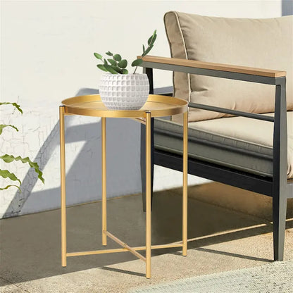 Adeco Gold End Table Metal Waterproof Snack Beside Table Accent Coffee Table - 16.9(D)x 16.9(W)x 20.5(H)