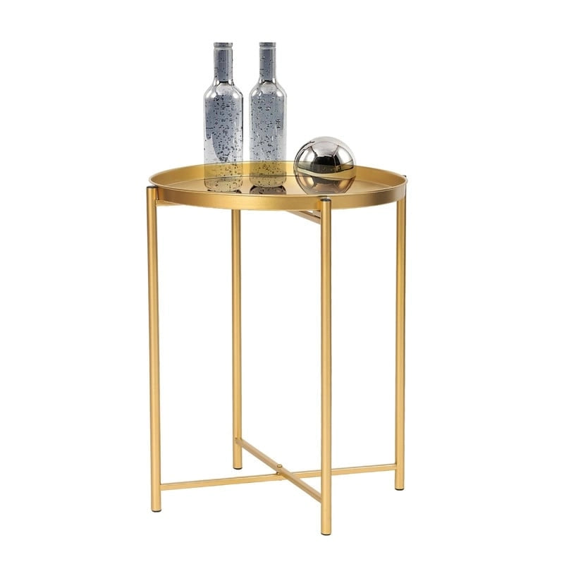 Adeco Gold End Table Metal Waterproof Snack Beside Table Accent Coffee Table - 16.9(D)x 16.9(W)x 20.5(H)