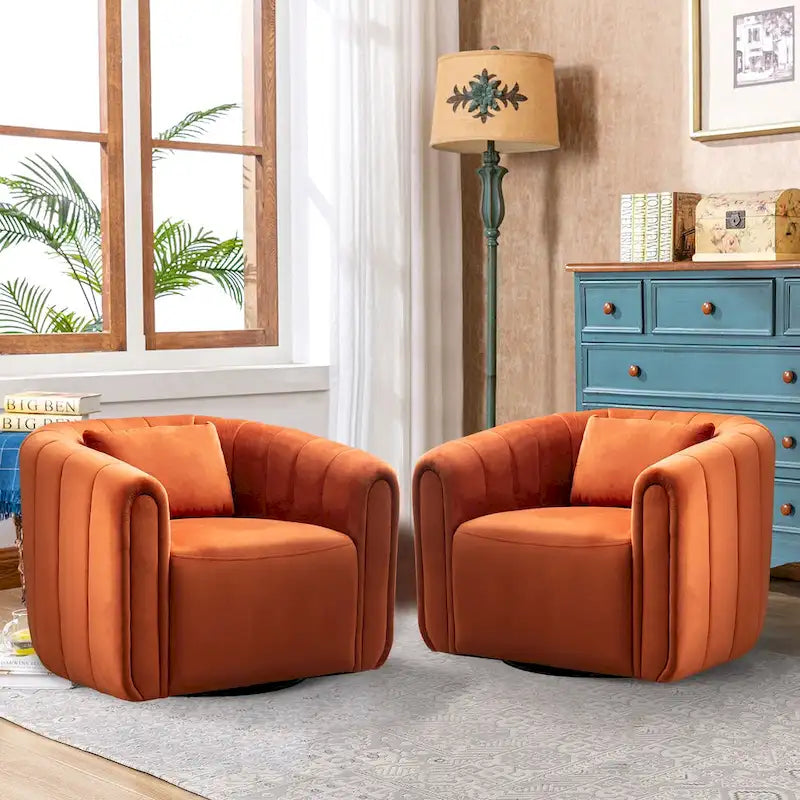 Ebello Oversize Velvet Swivel 360 Rotation Barrel Comfy Round Armchair With Plump Pillow Suitable For Living Room Bedroom