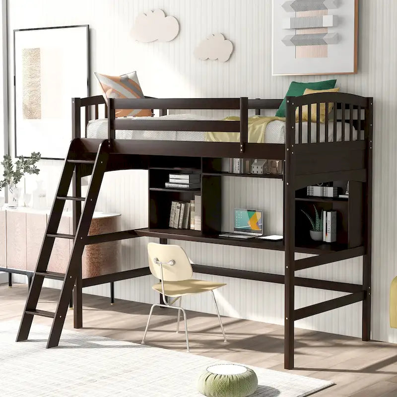 Nestfair Twin Size Loft Bed with Storage Shelves Desk and Ladder