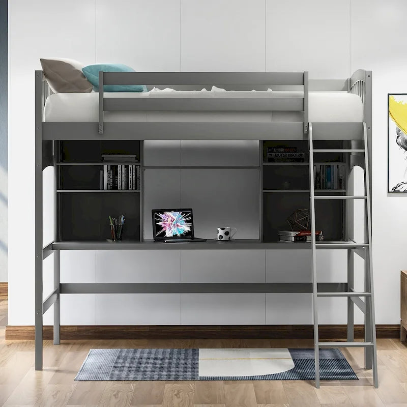 Nestfair Twin Size Loft Bed with Storage Shelves Desk and Ladder