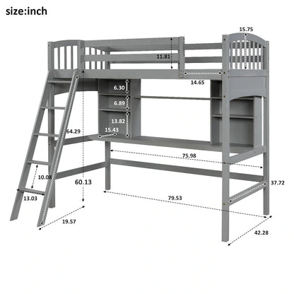Nestfair Twin Size Loft Bed with Storage Shelves Desk and Ladder
