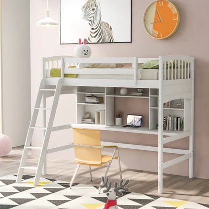 Nestfair Twin Size Loft Bed with Storage Shelves Desk and Ladder