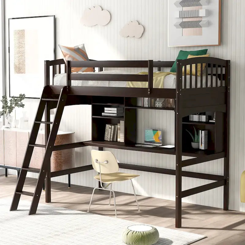 Nestfair Twin Size Loft Bed with Storage Shelves Desk and Ladder