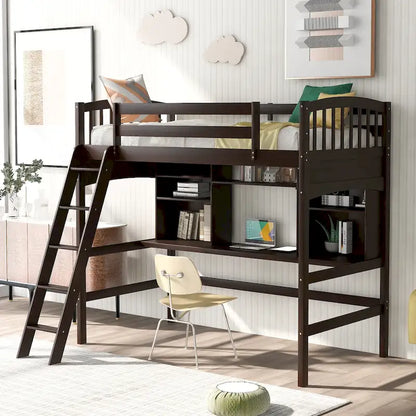 Nestfair Twin Size Loft Bed with Storage Shelves Desk and Ladder