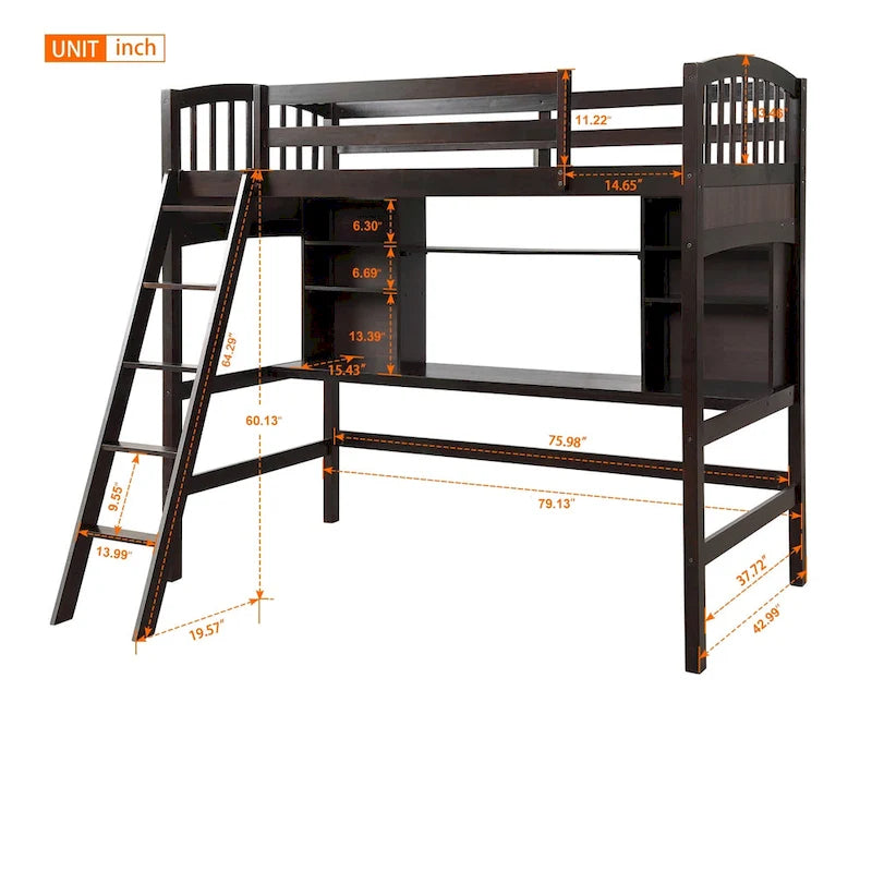 Nestfair Twin Size Loft Bed with Storage Shelves Desk and Ladder