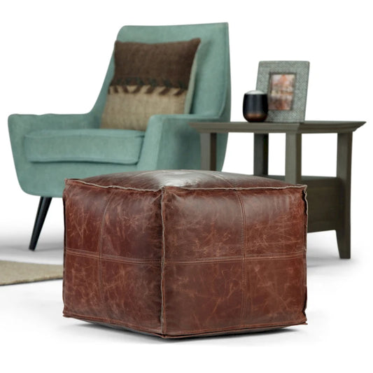 WYNDENHALL Erving Boho Square Pouf in Leather