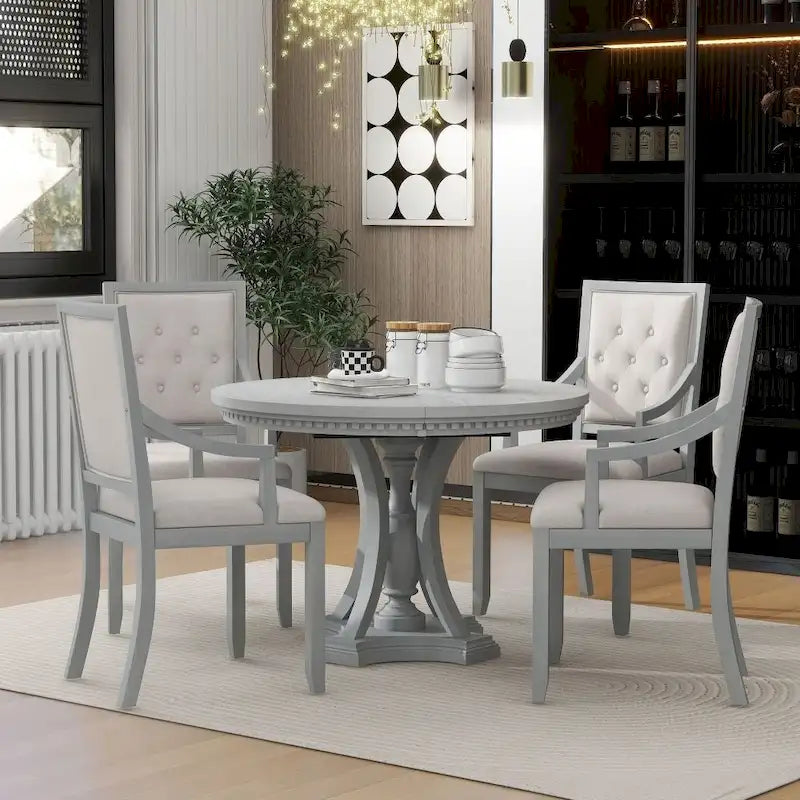 5-piece Dining Set Extendable Round Table and 4 Chairs for Kitchen Dining Room