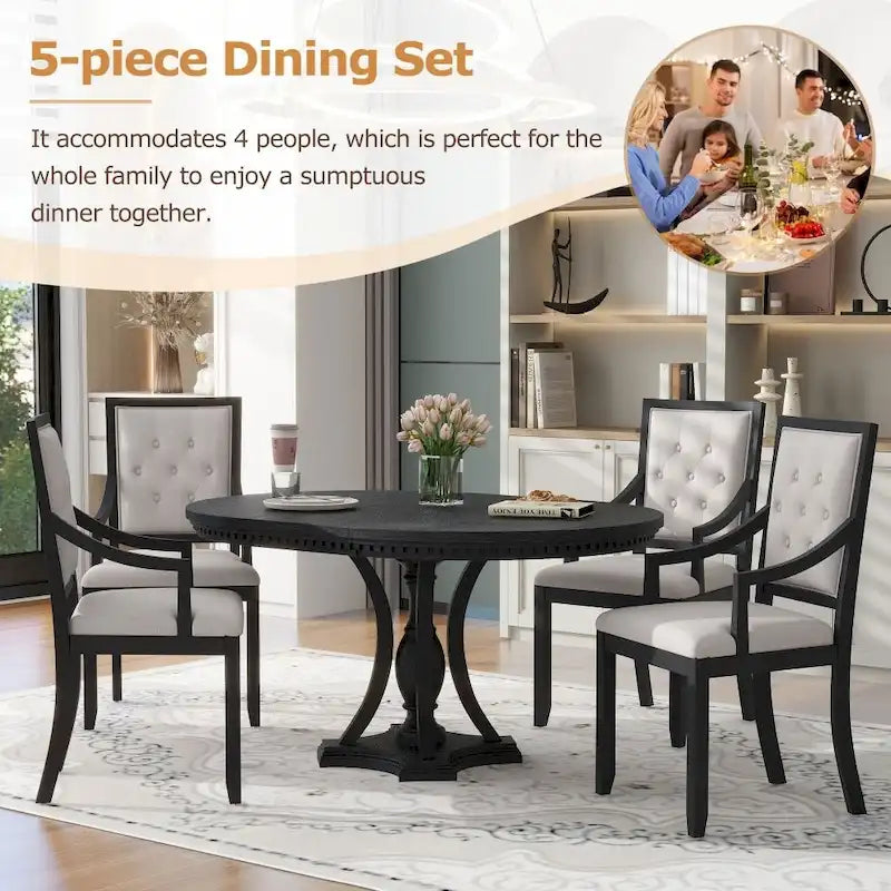 5-piece Dining Set Extendable Round Table and 4 Chairs for Kitchen Dining Room