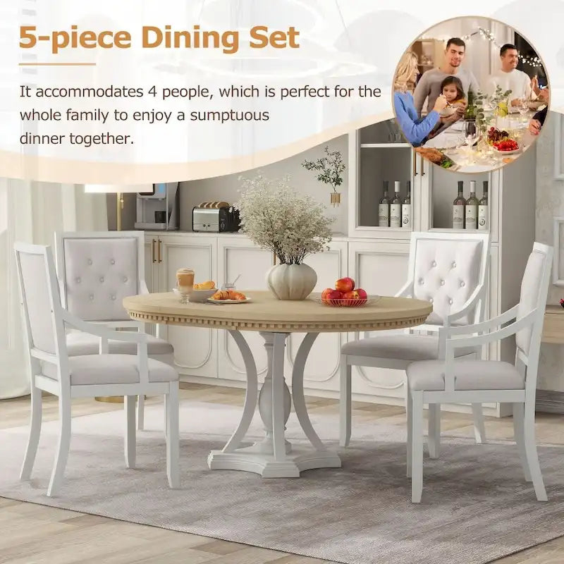 5-piece Dining Set Extendable Round Table and 4 Chairs for Kitchen Dining Room