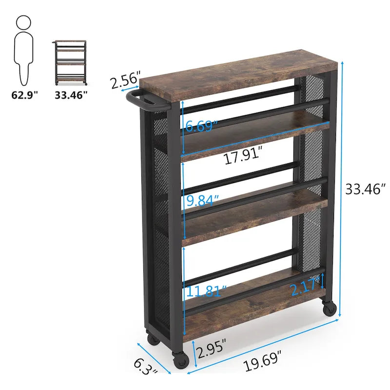 Kitchen Cart,Slim Storage Rolling Cart,4 Tier Narrow Serving Trolley with Wheels