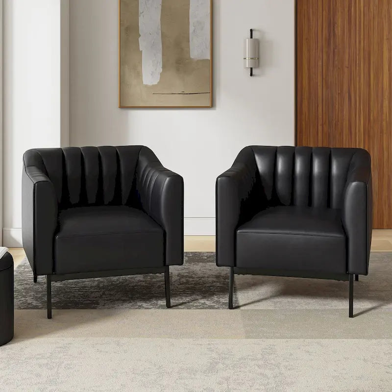 Alfons Industrial Leather Chair with Channel Tufting and Metal Leg Set of 2 by HULALA HOME
