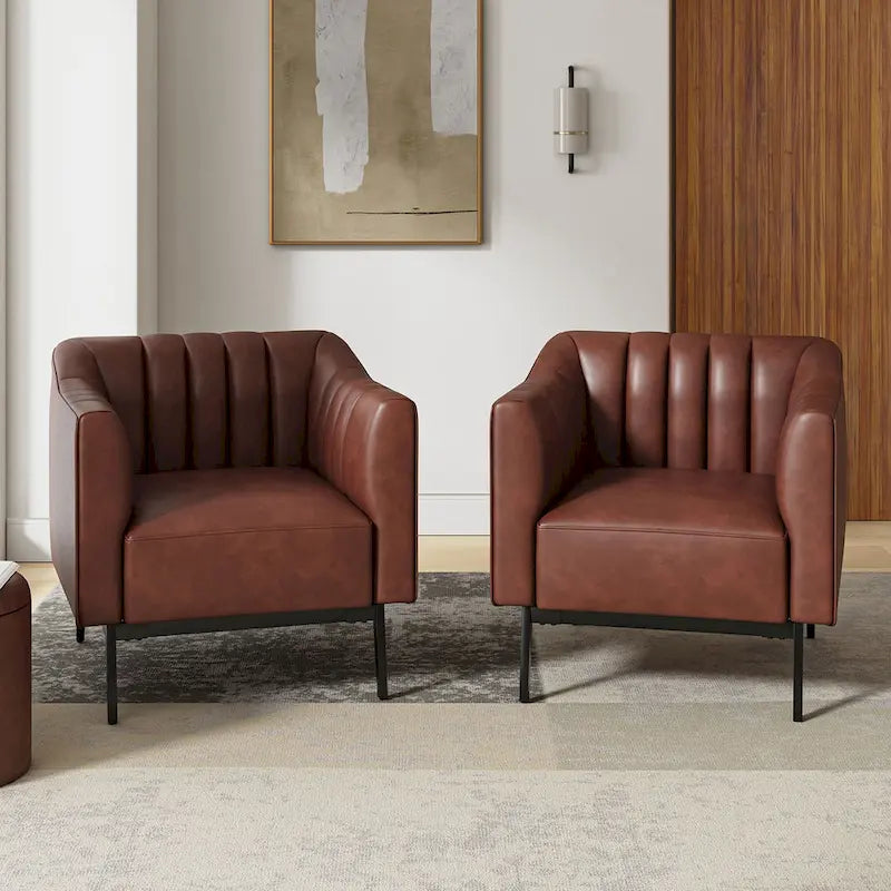 Alfons Industrial Leather Chair with Channel Tufting and Metal Leg Set of 2 by HULALA HOME