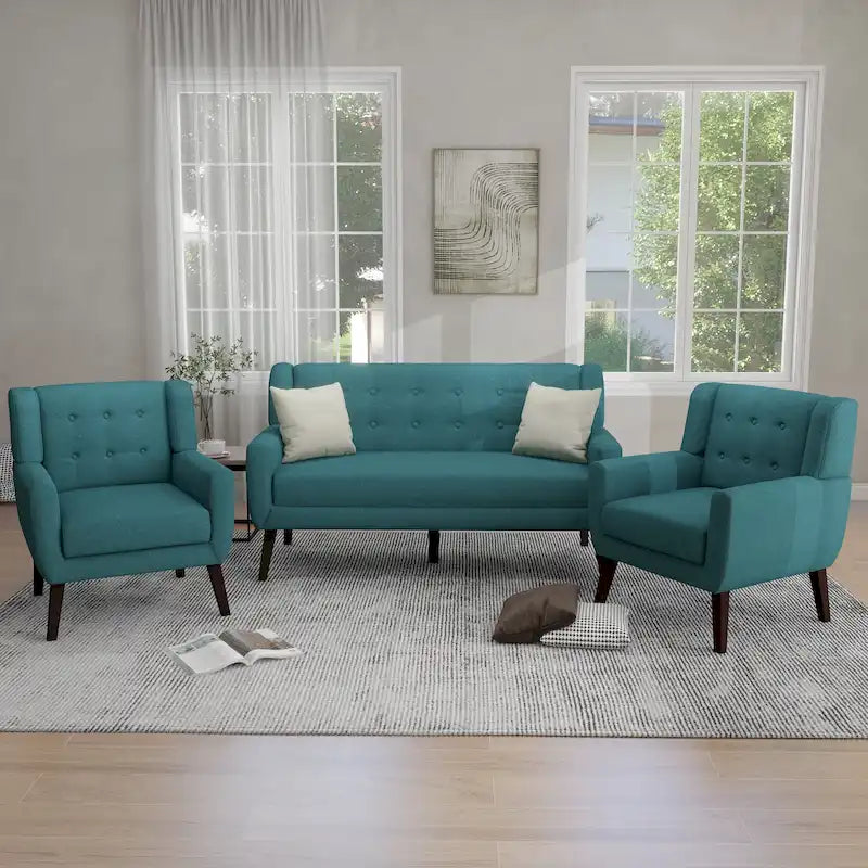 3-Piece Tufted Linen Armchair and Loveseat Set