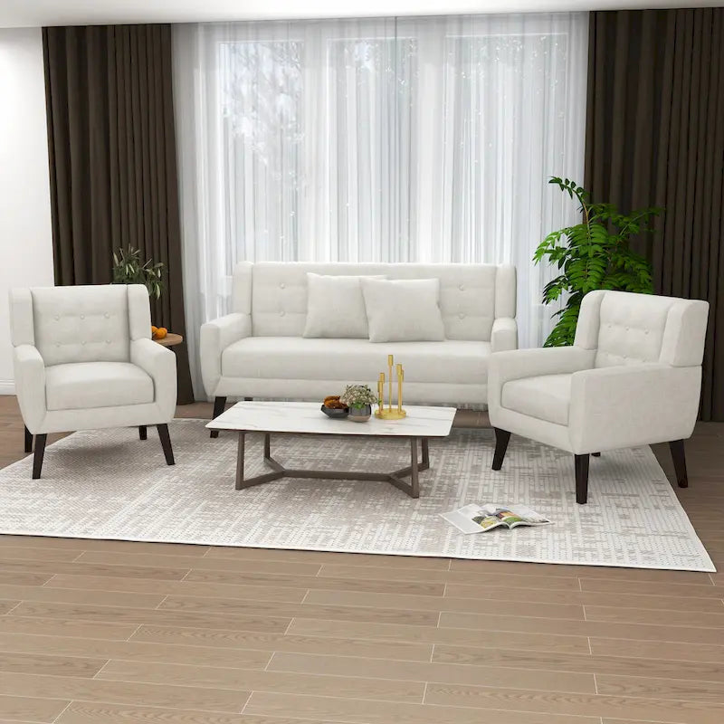 3-Piece Tufted Linen Armchair and Loveseat Set