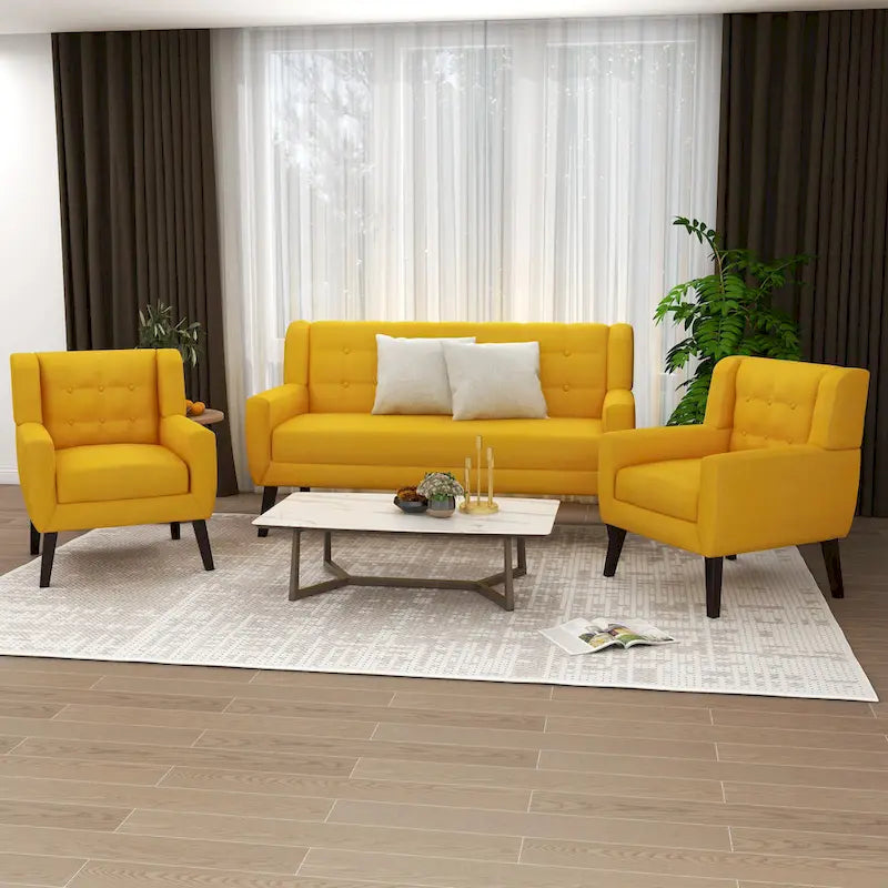 3-Piece Tufted Linen Armchair and Loveseat Set