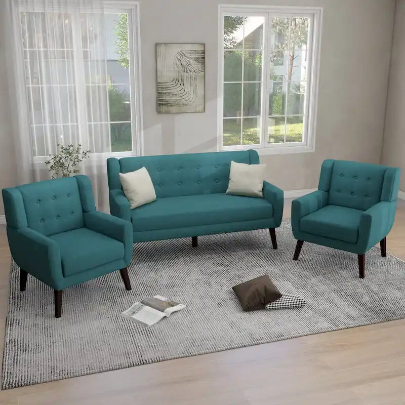 3-Piece Tufted Linen Armchair and Loveseat Set