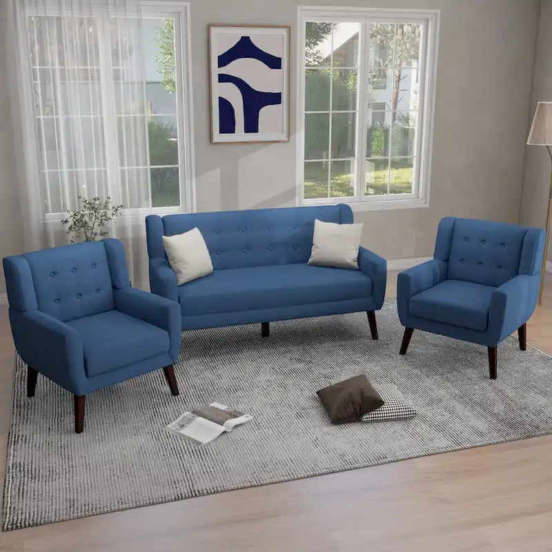 3-Piece Tufted Linen Armchair and Loveseat Set