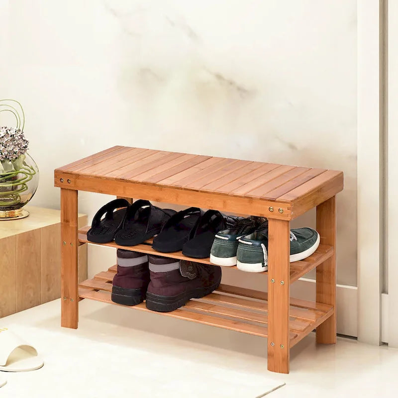 Bamboo Shoe Rack Bench 3 Tier Shoe Organizer Storage Shelf