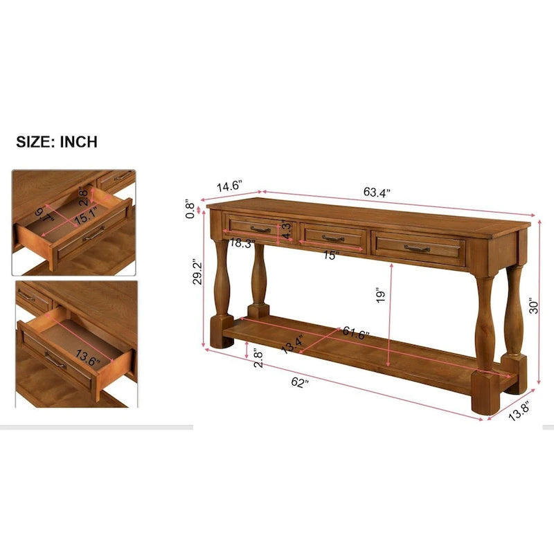 63inch Long Wood Console Table with 3 Drawers and 1 Bottom Shelf for Entryway Hallway Easy Assembly Extra-thick Sofa Table