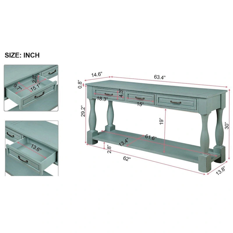 63inch Long Wood Console Table with 3 Drawers and 1 Bottom Shelf for Entryway Hallway Easy Assembly Extra-thick Sofa Table