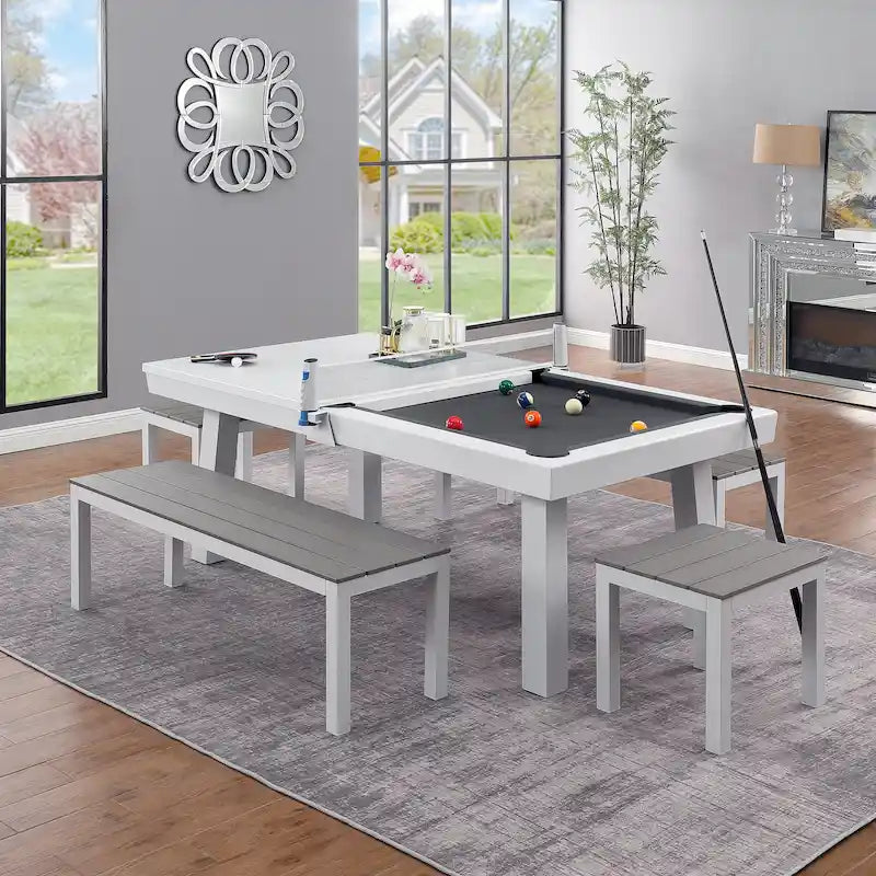 Norwalk Indoor/Outdoor 7ft Slate Pool Table 6-Seater Dining Set with 4 Benches & Accessories, White Finish