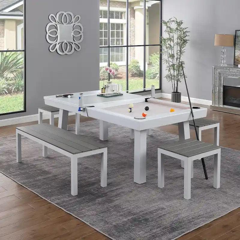 Norwalk Indoor/Outdoor 7ft Slate Pool Table 6-Seater Dining Set with 4 Benches & Accessories, White Finish
