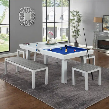 Norwalk Indoor/Outdoor 7ft Slate Pool Table 6-Seater Dining Set with 4 Benches & Accessories, White Finish