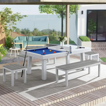 Norwalk Indoor/Outdoor 7ft Slate Pool Table 6-Seater Dining Set with 4 Benches & Accessories, White Finish