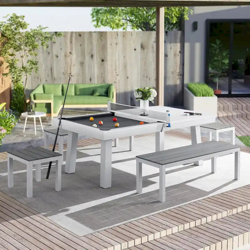 Norwalk Indoor/Outdoor 7ft Slate Pool Table 6-Seater Dining Set with 4 Benches & Accessories, White Finish