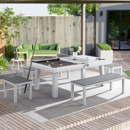 Norwalk Indoor/Outdoor 7ft Slate Pool Table 6-Seater Dining Set with 4 Benches & Accessories, White Finish