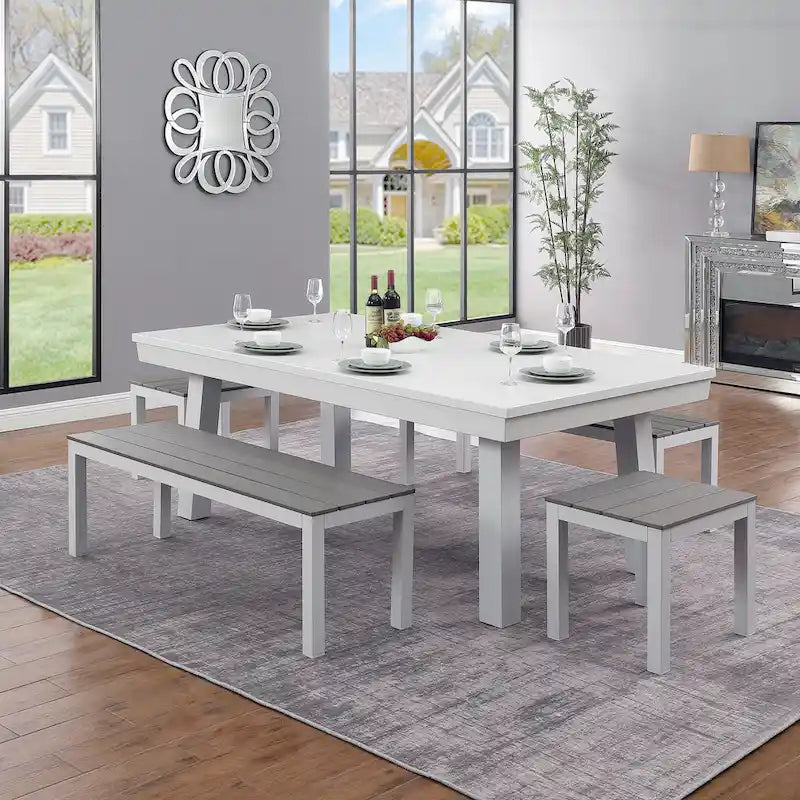 Norwalk Indoor/Outdoor 7ft Slate Pool Table 6-Seater Dining Set with 4 Benches & Accessories, White Finish