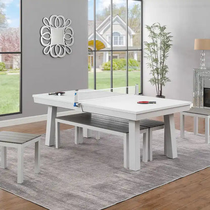 Norwalk Indoor/Outdoor 7ft Slate Pool Table 6-Seater Dining Set with 4 Benches & Accessories, White Finish