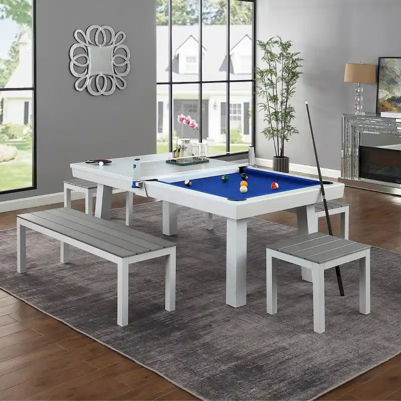 Norwalk Indoor/Outdoor 7ft Slate Pool Table 6-Seater Dining Set with 4 Benches & Accessories, White Finish