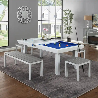 Norwalk Indoor/Outdoor 7ft Slate Pool Table 6-Seater Dining Set with 4 Benches & Accessories, White Finish
