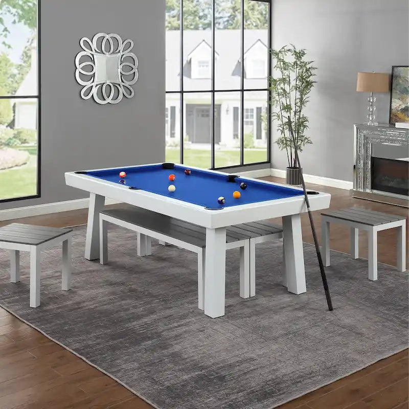 Norwalk Indoor/Outdoor 7ft Slate Pool Table 6-Seater Dining Set with 4 Benches & Accessories, White Finish