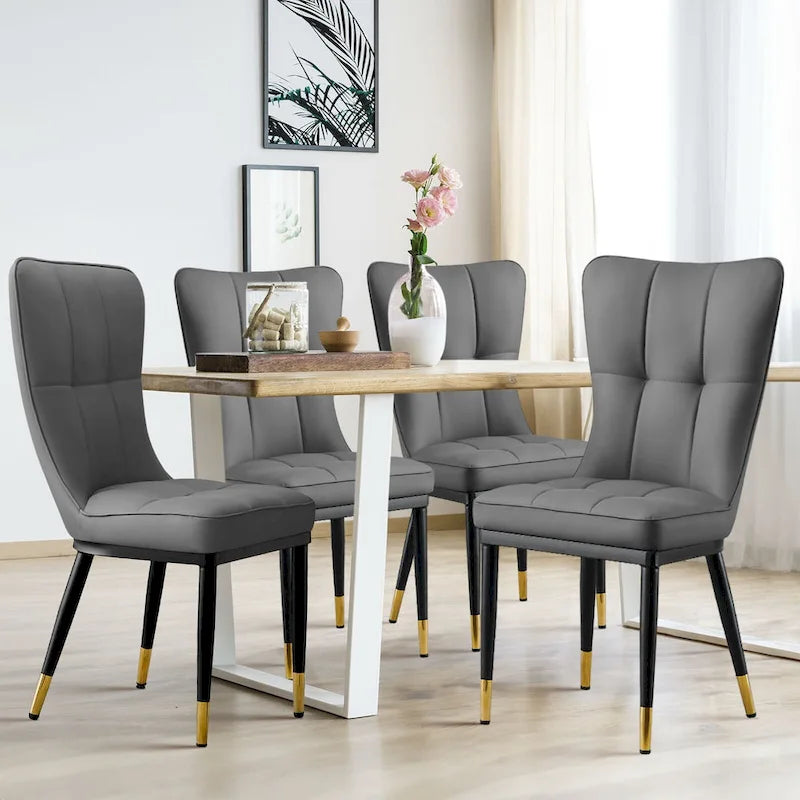 Faux Leather Upholstered Dining Chairs Set of 4 with Checked Pattern