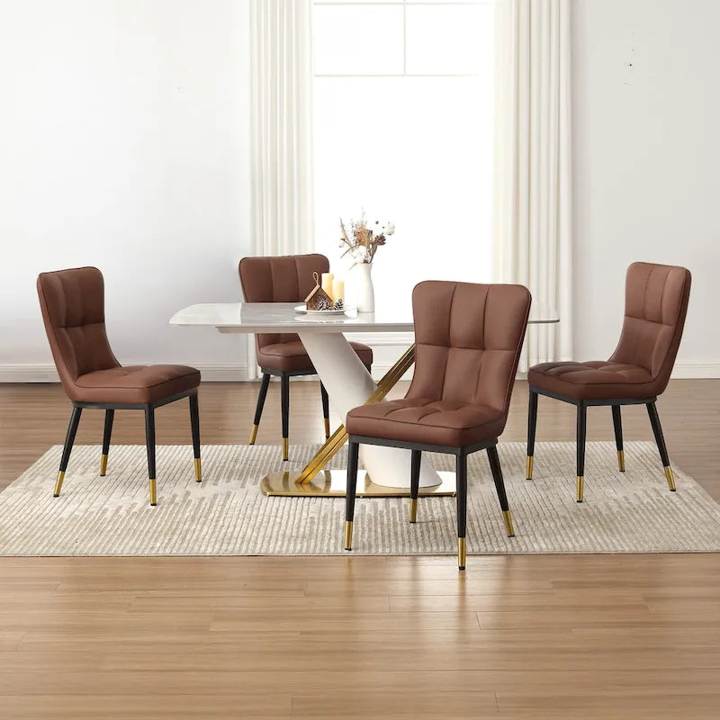 Faux Leather Upholstered Dining Chairs Set of 4 with Checked Pattern