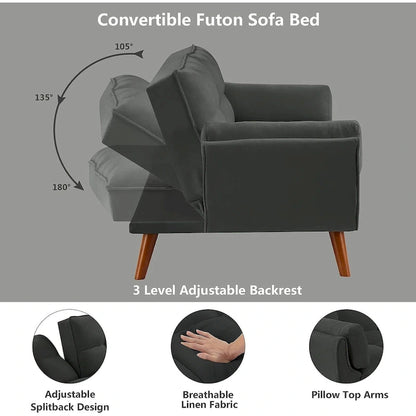 75.39 Futon Sofa Bed, Convertible Folding Futon Couch Recliner Lounge For Living Room With 2 Pillow/Armrest