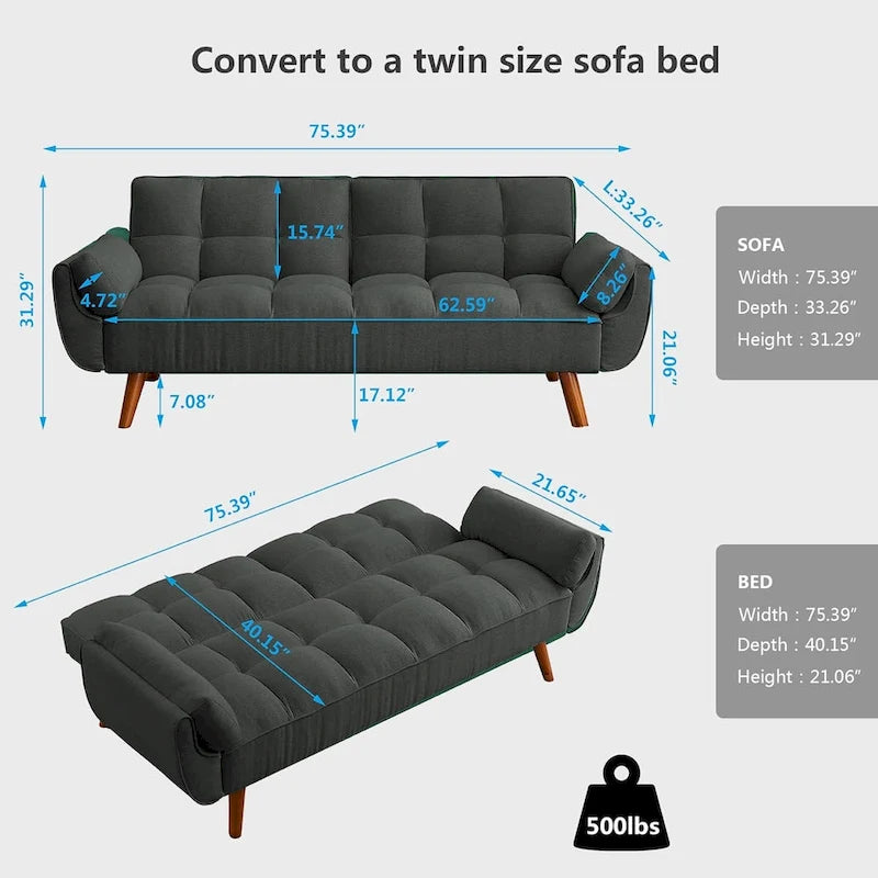 75.39 Futon Sofa Bed, Convertible Folding Futon Couch Recliner Lounge For Living Room With 2 Pillow/Armrest