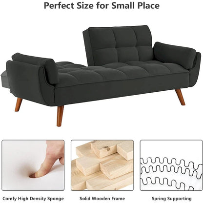 75.39 Futon Sofa Bed, Convertible Folding Futon Couch Recliner Lounge For Living Room With 2 Pillow/Armrest