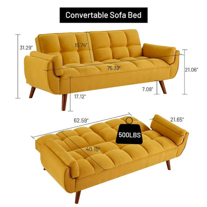 75.39 Futon Sofa Bed, Convertible Folding Futon Couch Recliner Lounge For Living Room With 2 Pillow/Armrest